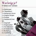 Lijst van 17 BDSM-onderdelen in de set, met afbeeldingen van enkele items zoals handboeien, touw en zweep.