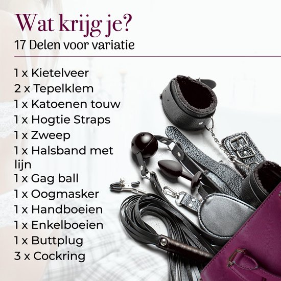 Lijst van 17 BDSM-onderdelen in de set, met afbeeldingen van enkele items zoals handboeien, touw en zweep.