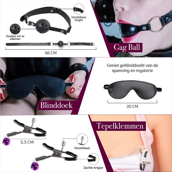 Afbeeldingen van BDSM-accessoires: gag ball 66cm, mondstuk, blinddoek 20cm, tepelklemmen 5,5cm.