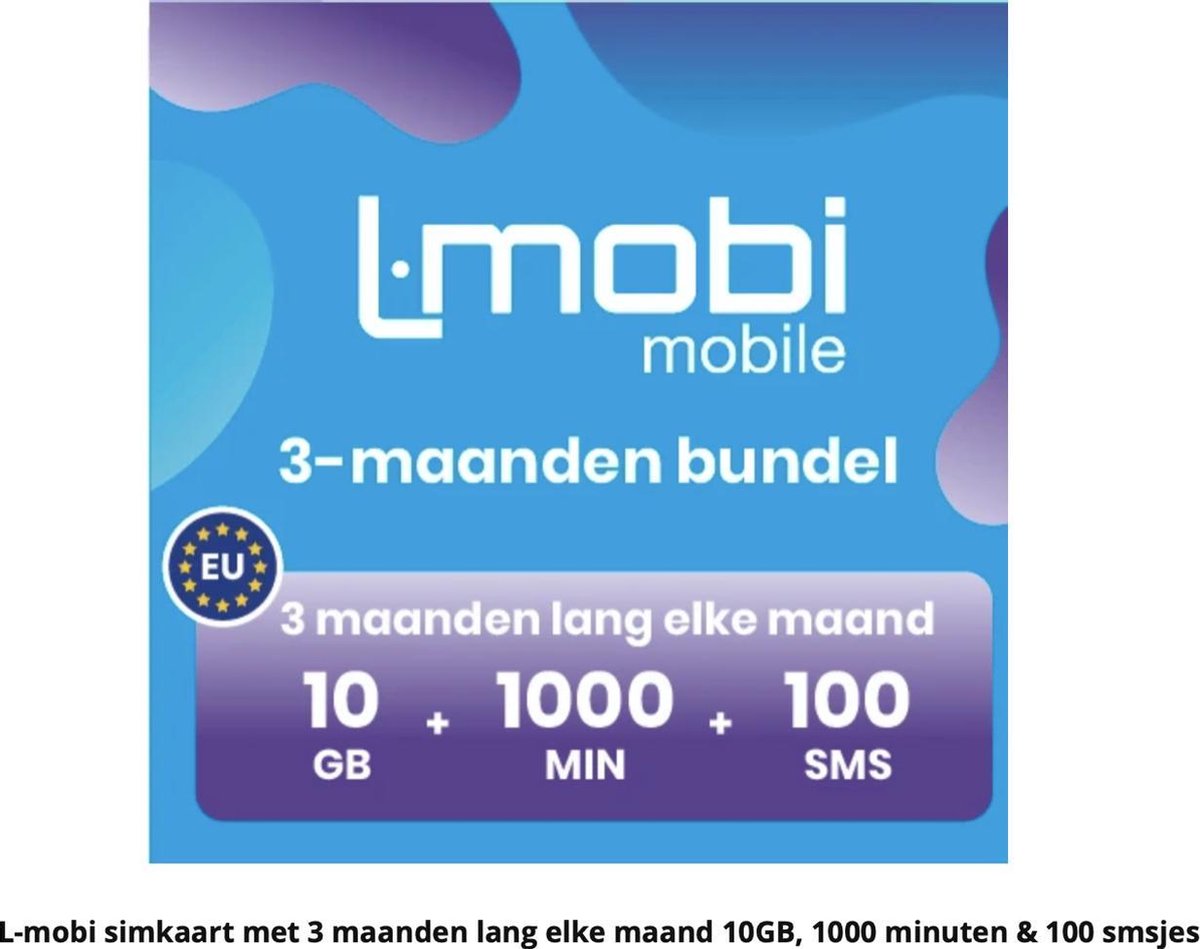 L-Mobi PrePaid Simkaart - ( 3 maanden lang elke maand 10GB, 1000 belminuten & 100 sms'jes) Netwerk van KPN