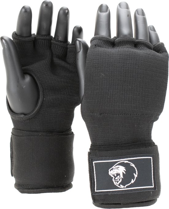 Zwarte binnenhandschoenen met band, met op de band een witte afbeelding van een leeuwenkop.