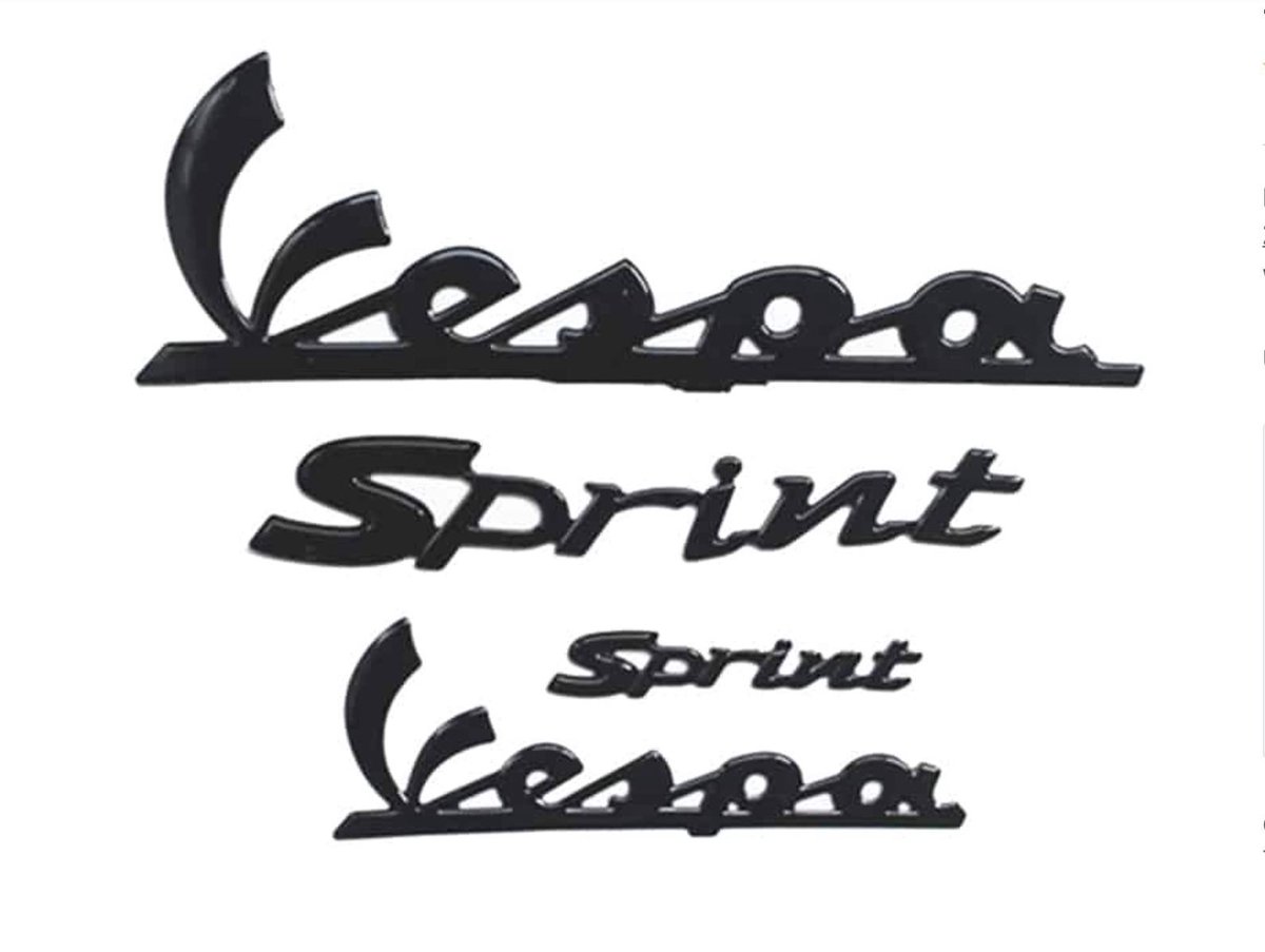 3D Glans zwarte Vespa Sprint logo set - Embleem - Stickerset met uitstekende afmetingen en Lettertyp