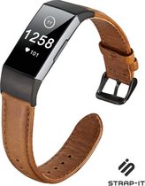 Leer Smartwatch bandje - Geschikt voor  Fitbit Charge 4 leren bandje - bruin - Strap-it Horlogeband / Polsband / Armband