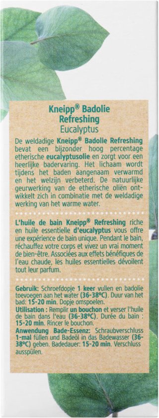 Gedetailleerde achterkant van de verpakking van Kneipp Badolie Refreshing Eucalyptus met productinformatie.