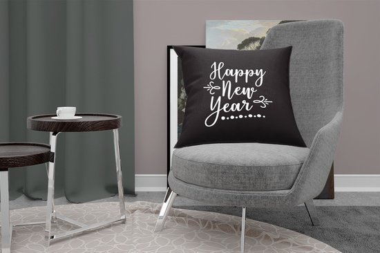 Sierkussen décoratif Citations du Nouvel An pour l'intérieur - Citation du Nouvel An ``Happy année '' - décoration murale noir - 60x60 cm - coussin intérieur carré en coton