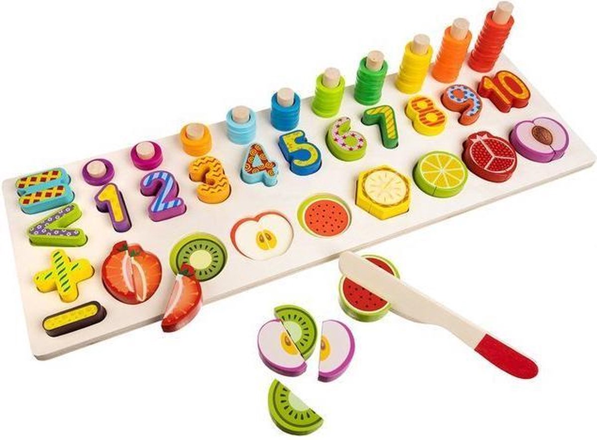 Educatief Houten 4-in-1 Cijfer en fruit Puzzel + Getallen Rekenpuzzel + Vormenpuzzel + Kleuren – Tellen en stapelen – Early Education Toy