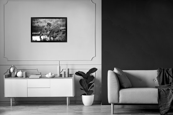 Photo dans le cadre - Cadre photo à boire des zèbres noir sans passe-partout 60x40 cm - Affiche sous cadre (Décoration murale salon / chambre)