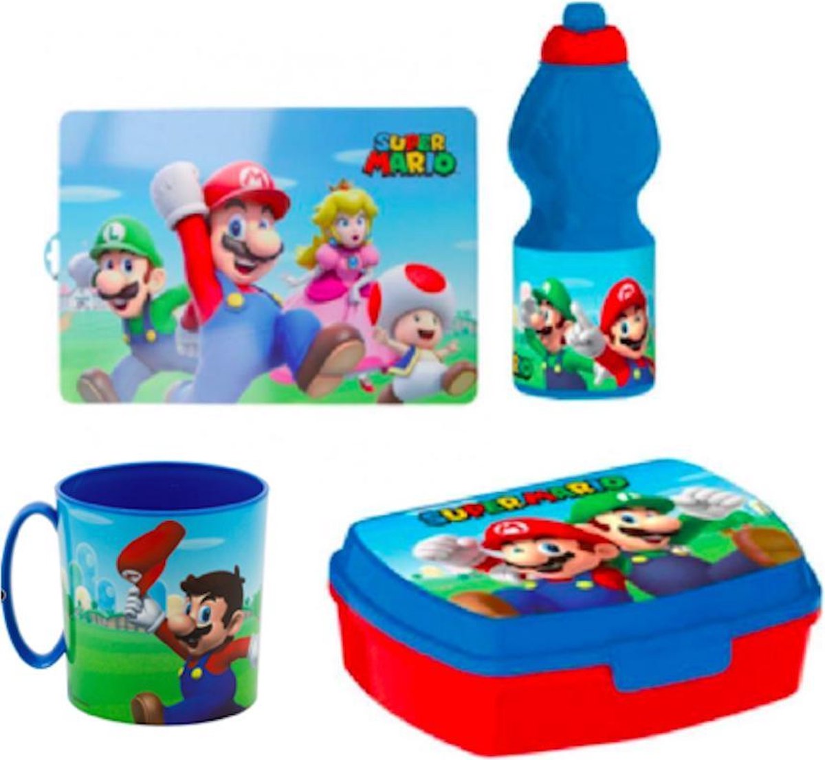 Mario brooddoos (17 cm - 13 cm - 6 cm) + drinkfles (18 cm hoog - 400 ml) + drinkbeker ( 350 ml) + Placemat ( 43 cm X 28 cm)