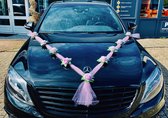AUTODECO.NL - DRINA Auto Versiering - Trouwauto Decoratie Roze Lint met 9 Rozen - Bruidsautodecoratie -Licht Roze Rozen & Tule - Motorkap Versiering - Autobloemstuk Bruiloft - Bloe