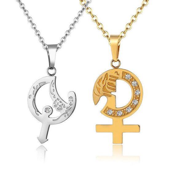 Man en Vrouw Ketting Set voor Hem en Haar - Zilver / Goud kleurig - Valentijn Cadeautje voor Stellen - Romantische Sieraden Set - Liefdes Cadeau
