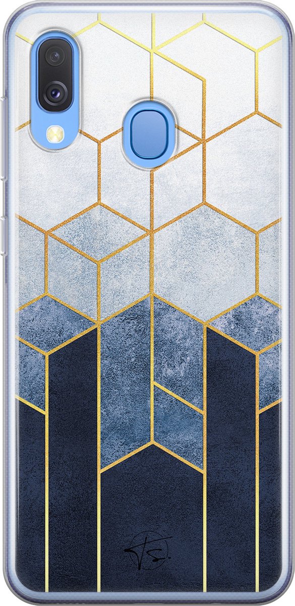 Hoesje geschikt voor Samsung Galaxy A40 - Geometrisch fade art - Soft Case - TPU - Print - Blauw - Mooie Telefoonhoesjes