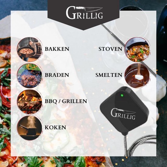 Grillig - Smart Vleesthermometer - Draadloze BBQ Thermometer - Geschikt voor BBQ - Oven - Grill - Fornuis - Inclusief Batterij en App - Grillig