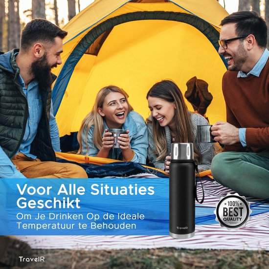 TravelR Thermosfles - Thermoskan - Drinkfles - Isoleerfles - BPA Vrij - Roestvrij Staal - 750 ML - Mat Zwart - TravelR