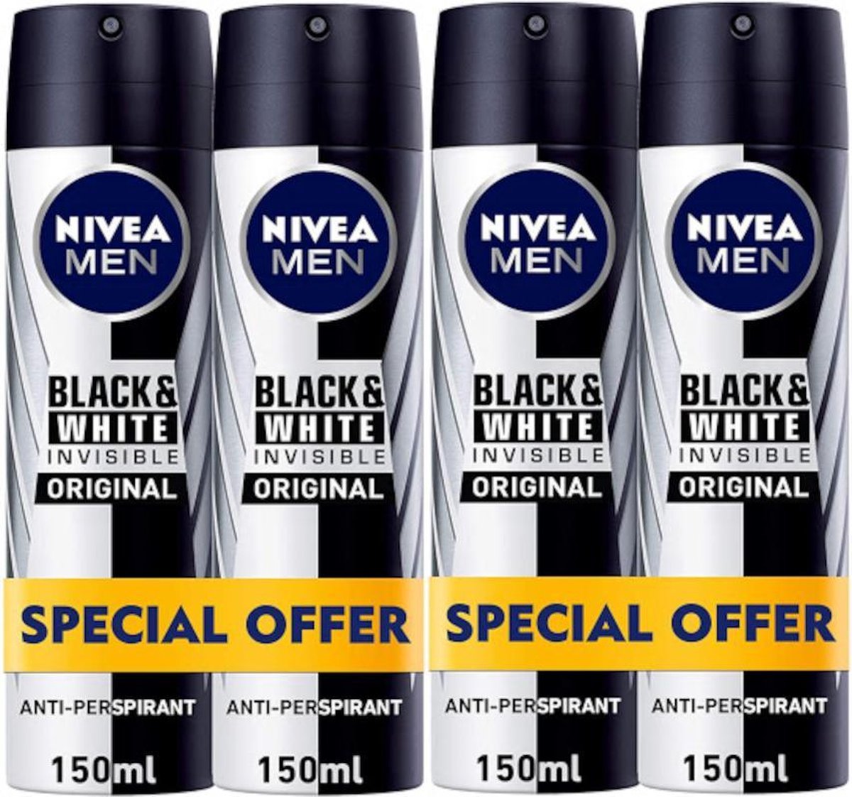 Goedkoopste Nivea MEN Invisible for Black & White 48 H Deo Spray - Voordeelverpakking 4 x 150 ml
