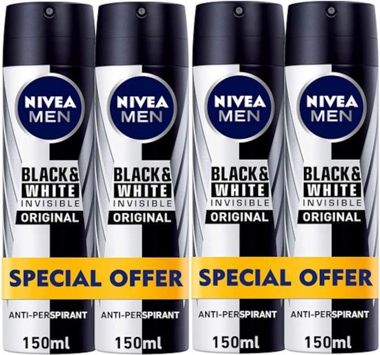 Nivea MEN Invisible for Black & White 48 H Deo Spray - Voordeelverpakking 4 x 150 ml