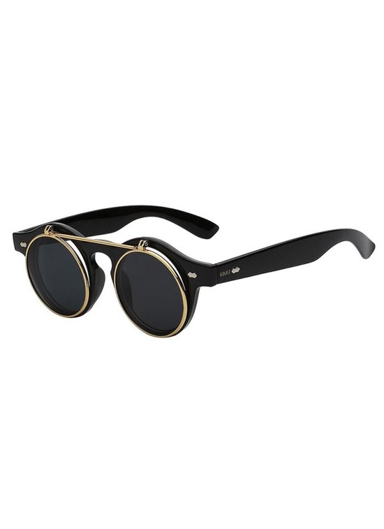 KIMU ronde zonnebril steampunk vintage flip up mat zwart - vintage retro opklapbaar