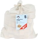 Wit stoffen zakje met touwsluiting, gevuld met houten bouwblokken. Label toont 'Wooden Blocks in a Bag 100 pcs'.