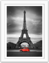 Foto in frame , Rode auto voor de Eiffeltoren , 3 maten , Rood zwart wit , Premium print