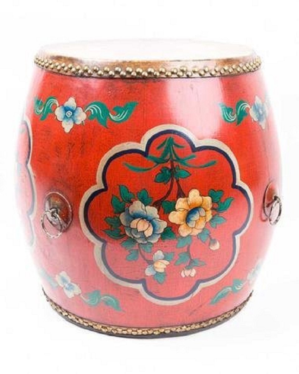 Fine Asianliving Chinese Trommel Bijzettafel Handgeschilderde Bloemen Rood Chinese Meubels Oosterse Kast