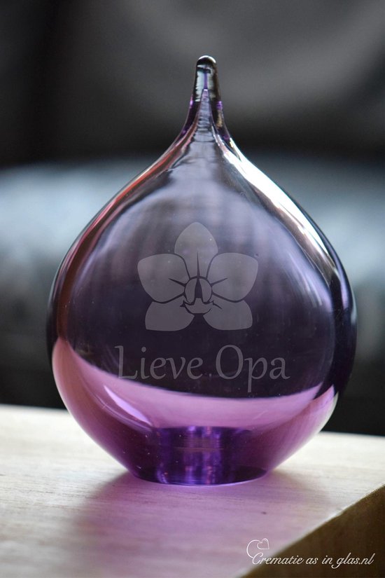 Urn met zandstraal gravure van een orchidee, naam én tekst 'Lieve opa/oma"- Urn bubble transparant paars-120ml inhoud-14 cm hoog-Deelbestemming urn Mens-Urn Dierbare-Herdenken-Urn voor crematie-as-Gepersonaliseerde Urn