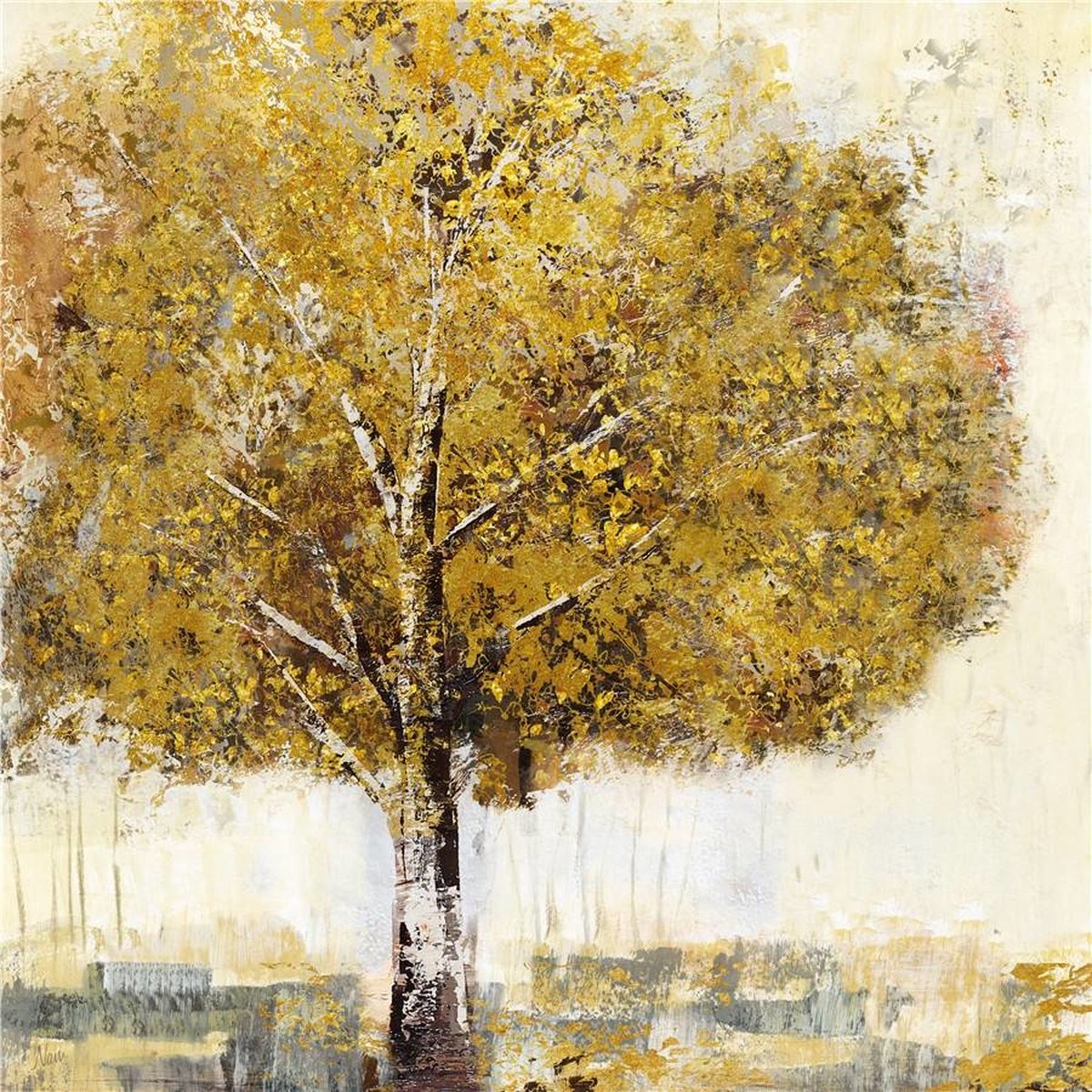 karo-art Schilderij - Handgeschilderd - Eenzame boom 3 100x100cm Multikleur