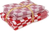 Treb Horecalinnen Keukenset Rood en Wit Geblokt 2 Stuks Theedoeken 65x65cm + 2 Stuks Handdoeken 50x50cm - Treb Towels
