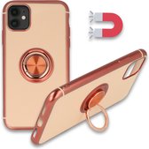iPhone 12 Mini Hoesje Rosegoud - Siliconen Back Cover met Ring Kickstand - Geschikt voor Magneet Houders
