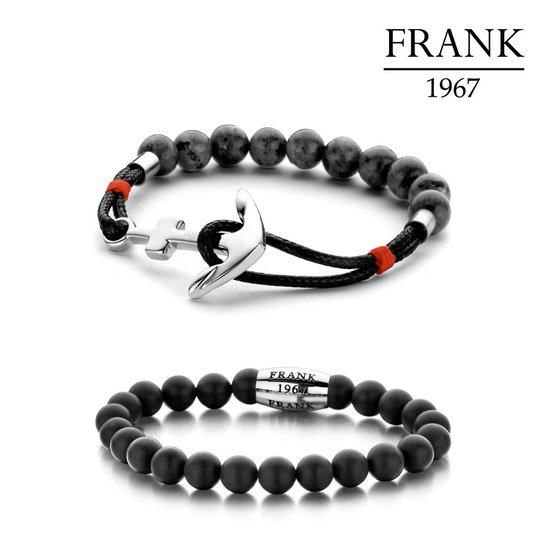 Frank 1967 7FR SET022 Bracelets Set Zwart - 2 Pièces - Cuir et Natuursteen - Taille Unique - Zwart / Argenté / Rouge