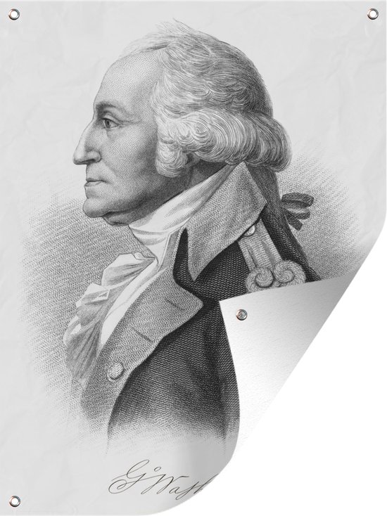 Muurdecoratie buiten Een illustratie van president George Washington met zijn handtekening - 120x160 cm - Tuindoek - Buitenposter