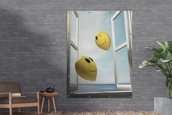 Affiche de jardin Emoji ballons s'envolent vers le ciel 120x160 cm - Toile de jardin / Toile d'extérieur / Peintures d'extérieur (décoration de jardin) XXL / Groot format!
