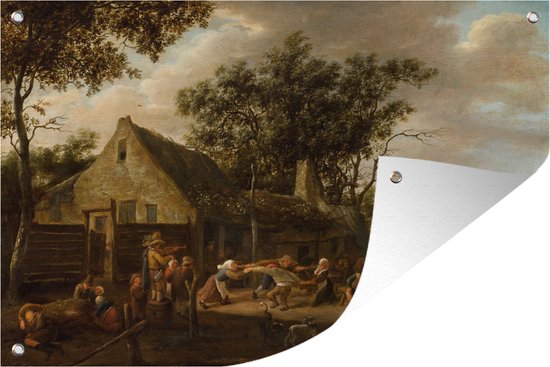 Tuindecoratie Dansende boeren bij een herberg - Jan Steen - 60x40 cm - Tuinposter - Tuindoek - Buitenposter