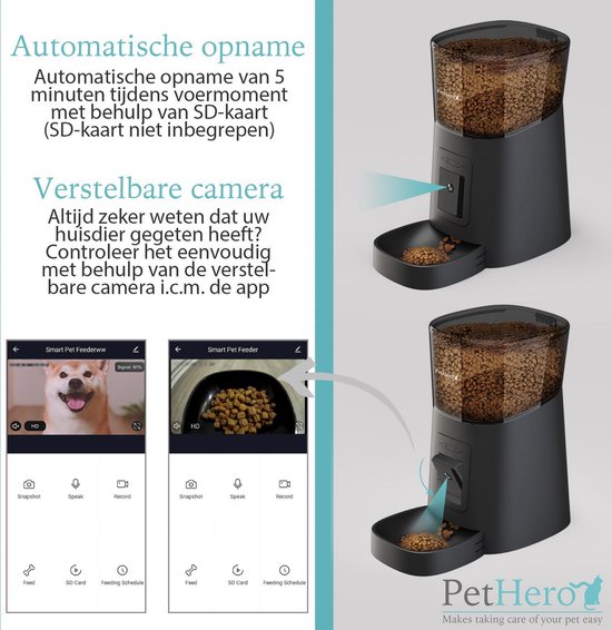 PetHero 3 Voerautomaat Zwart - Verstelbare camera - smartphone besturing - automatische voerbak voor kat of hond - 6.0 L' - PetHero