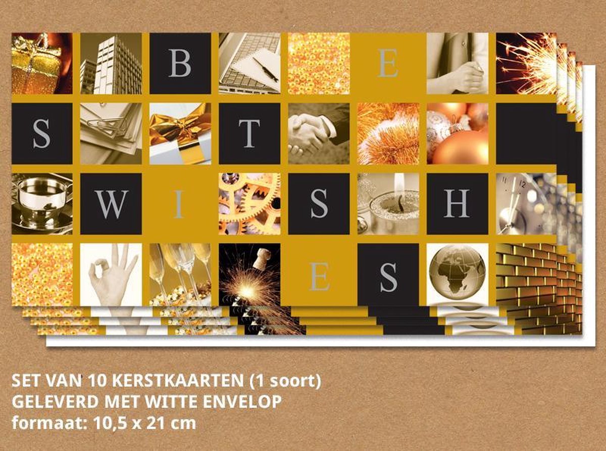 Luxe kerstkaarten met enveloppen, goud en zwart - 10 stuks
