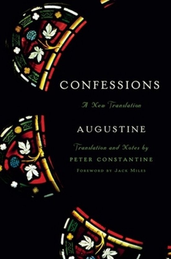Boek kaft met de titel 'Confessions A New Translation Augustine', met decoratieve glas-in-lood patronen.