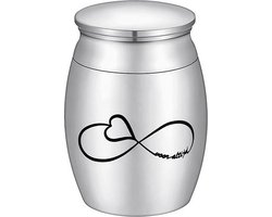 Zilverkleurige Mini Urntje met Infinity Voor Altijd symbool. Mooi klein urntje voor
een grote herinnering 15 ML inhoud.
