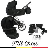 P'tit Chou Novara Black Chroom - Complete 2 in 1 Kinderwagen set - Buggy + Incl. Accessoires
