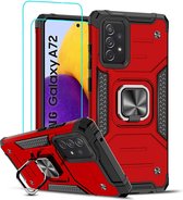 Samsung A72 Hoesje Heavy Duty Armor Hoesje Rood - Galaxy A72 5G / 4G Case Kickstand Ring cover met Magnetisch Auto Mount- Samsung A72 screenprotector 2 pack