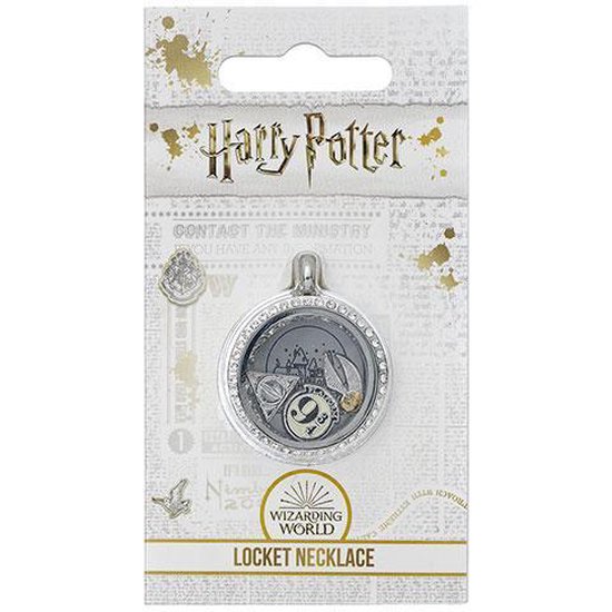 Verpakte Harry Potter locket ketting. De zilverkleurige locket bevat de '9 3/4' en 'Deathly Hallows'-bedels.