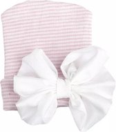 Newborn muts wit met roze strik | Baby | Geboorte muts | Ziekenhuis muts | Maat 0-3 maanden