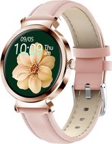 Belesy® CHIQUE - Smartwatch Dames - Horloge - 1.3 inch - Kleurenscherm - Stappenteller - Bloeddruk - Hartslag - 25 Wijzerplaten – Sporten - Goud – Leer - Roze
