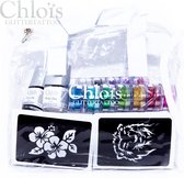 Chloïs Glittertattooset Festival - Chloïs Cosmetics - Chloïs Glitttattoo - 100 sjablonen - 114 Tattoos - 15ml Huidlijm - 13 x 10ml Cosmetische Glitter - Penselen set - Nep tattoo -