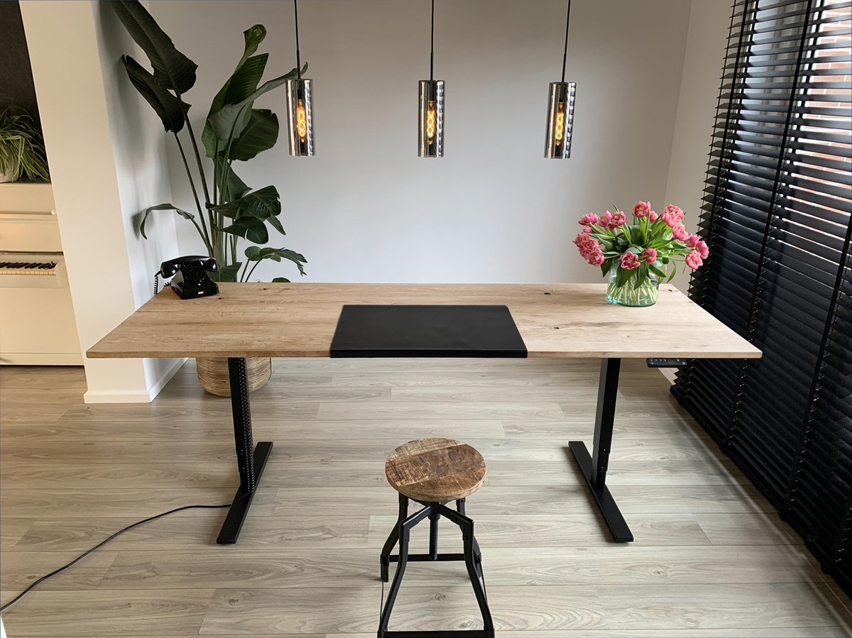 ZitStaBureau24 Professional Oaky - Zit-sta bureau - Zwart onderstel - Blank eikenhout - Elektrisch verstelbaar 180cm breed