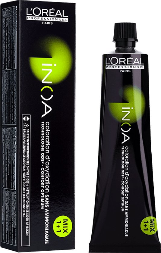 L'Oréal INOA haarkleuring met een zwarte tube en kartonnen doos, met groene accenten en "MIX 1+1" aanduiding.