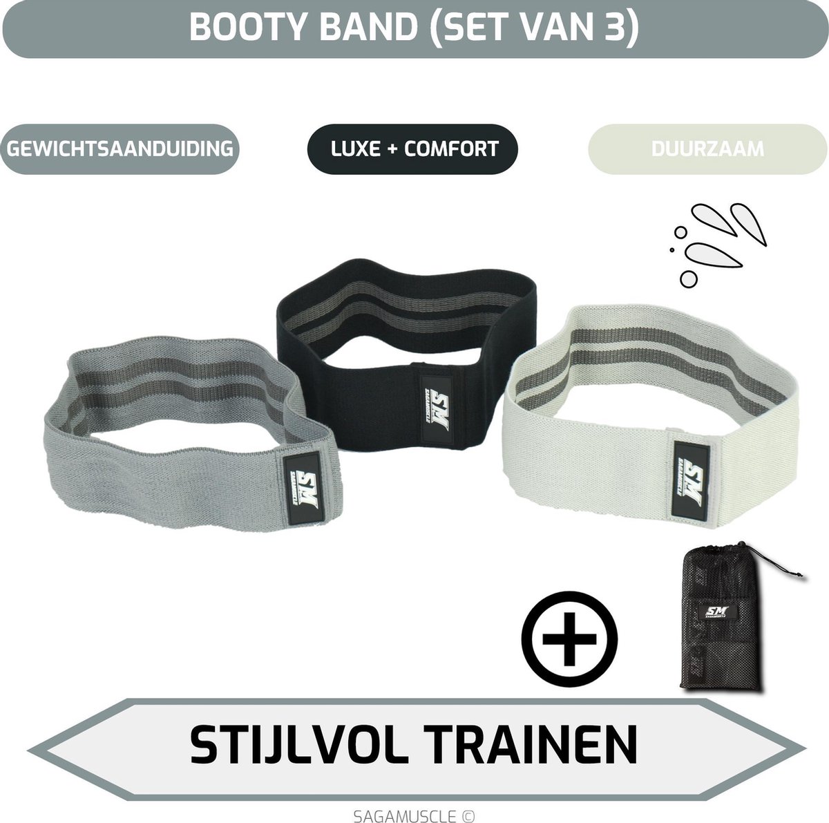 Sagamuscle - Resistance band set - Booty band - Fitness Weerstandsbanden - 3 Stuks - Grijs