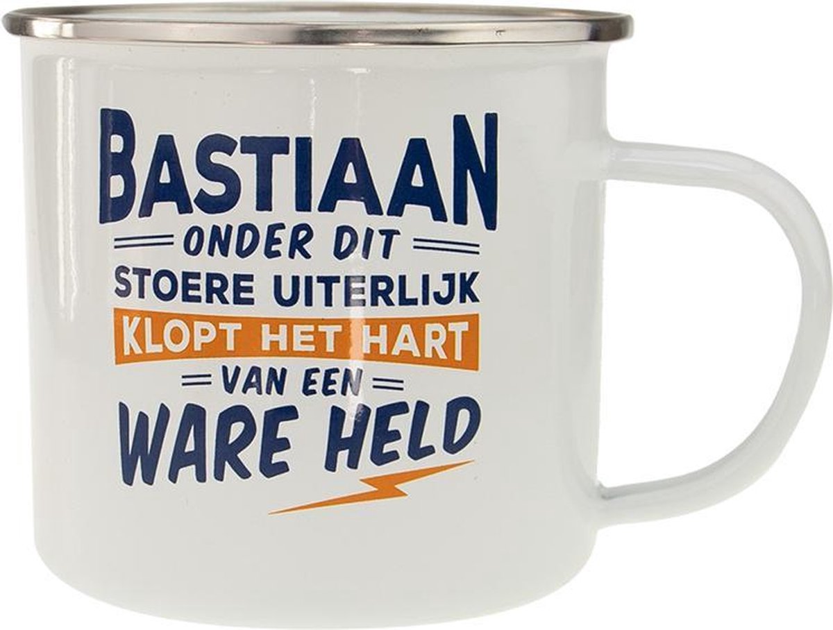 Mok - Top vent - Bastiaan - Geëmailleerd - Gevuld met verpakte Sorini bonbons - In cadeauverpakking