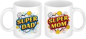 Super Dad en Mom cartoon mok - Cadeau beker set voor Papa en Mama - Moederdag en Vaderdag cadeautje