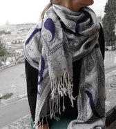 YYAKAR - Luxe dames Paisley Pashmina sjaal "Ladakh V"- handgemaakte wol punched -blauwe en grijze kleur tinten met donkerblauwe wolpunch detail - handmade - designer kleding - tren