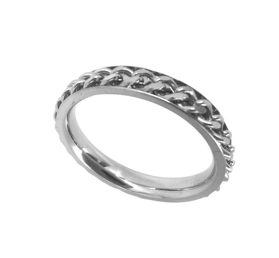 Stoer smalle rvs ring maat 17 met los schakel ketting in midden die je mee kan draaien ( ook wel stress ring genoemd) deze ring is zowel geschikt voor dame of heer of jongens en als duim ring.