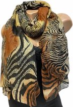 Lange Dames Sjaal Bruin - Zwart - Beige - Wit - Met Print - 190 X 110cm
