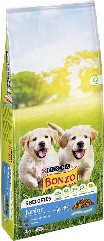 Bonzo Droog Junior - Hondenvoer Droogvoer - Kip Groenten & Melk - 15 kg